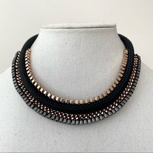 Black Cord Statement Necklace Gunmetal & Rose Tone Box Chain Choker 16"+3"